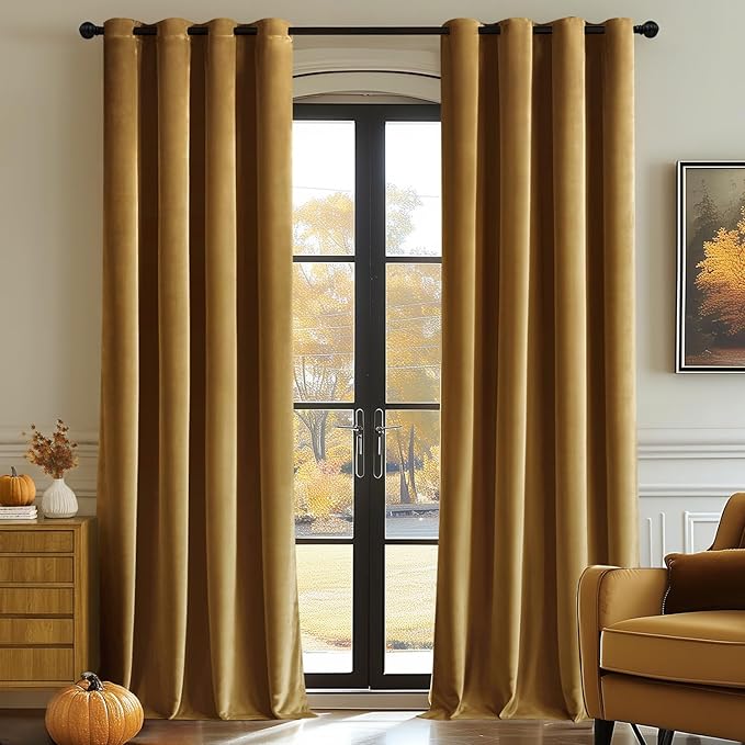 MIULEE Velvet Curtains Gold Elegant Grommet Curtains Fall Thermal Insulated Soundproof Room Darkening Black Out Curtains/Drapes for Classical Living Room Bedroom Decor 52 x 108 Inch Set of 2