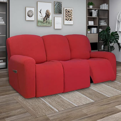 PureFit Super Stretch 3 Seats Recliner Sofa Couch Cover with Pocket – Non Slip Soft Sofa Slipcover, Washable Spandex Reclining Furniture Protector for Kids, Pets (Recliner Sofa, Red)