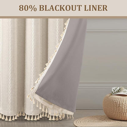 Boho 80% Blackout Curtains with Gray Liner 63 Inches Long 2 Panels Set, Beige Linen Blend Drapes with Tassels and Cotton Embroidered for Living Room Bedroom