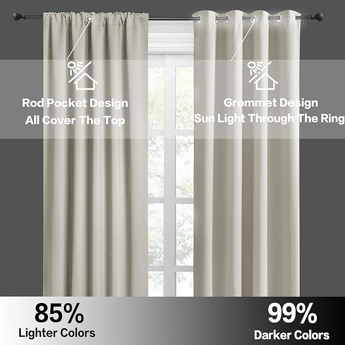 RYB HOME Curtains for Bedroom Living Room 63 inches Long, Thermal Insulated Privacy Rod Pocket Drapes for Nursery Office Home Theater, Width 34 by Length 63, Natural, 2 Panels
