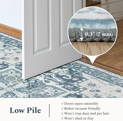 Rugflix 6x9 Area Rug for Living Room, Machine Washable Area Rugs with Non-Slip Backing, Large Soft Boho Vintage Rug for Bedroom, Dining Room, Low Pile Carpet, Kids Pet Friendly, Blue