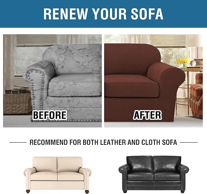 H.VERSAILTEX 3 Piece Stretch Sofa Covers for 2 Cushion Loveseat Couch Covers for Living Room Sofa Slipcovers (Base Cover Plus 2 Seat Cushion Covers) Thicker Jacquard Fabric (Medium Sofa, Burnt Brick)