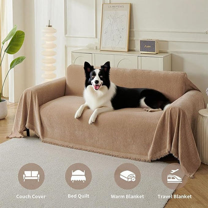 Couch Cover for Dogs, Boho Sofa Covers for 3 Cushion Couch, Chenille Sofa Slipcover for Pets Washable, L-Shape Sectional Couch Loveseat Cover Soft Throw Blankets with Tassels(71x118,Khaki)