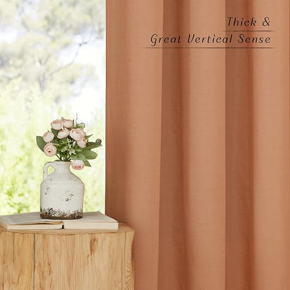 NICETOWN Linen Burnt Orange Curtains 90 inch Length 2 Panels, Grommet Privacy Added Thick Flax Linen Burlap Semi Sheer Light Filtering Window Treatments for Bedroom/Girls Room, W55 x L90