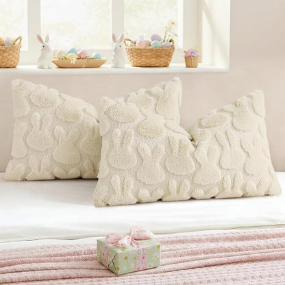 decorUhome Easter Bunny Pillow Covers 12x20 Inch Set of 2, Soft Plush Faux Wool Jacquard Beige Rabbit Cushion Covers, Farmhouse Neutral Spring Easter Holiday Decor for Couch Sofa Bed