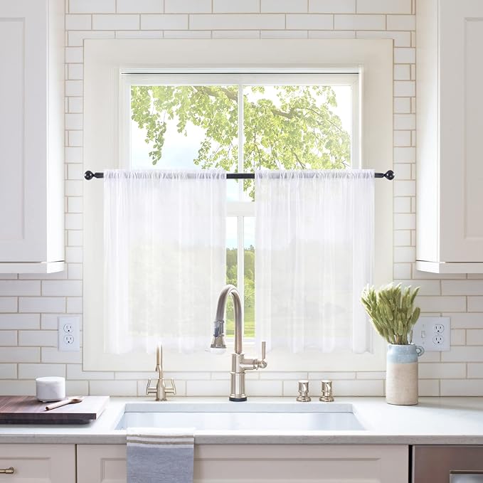 MIULEE 2 Panels Kitchen Tiers Half Window Sheer Curtains Rod Pocket Voile Drapes for Kitchen Bathroom Small Windows 29 by 36 Inch White