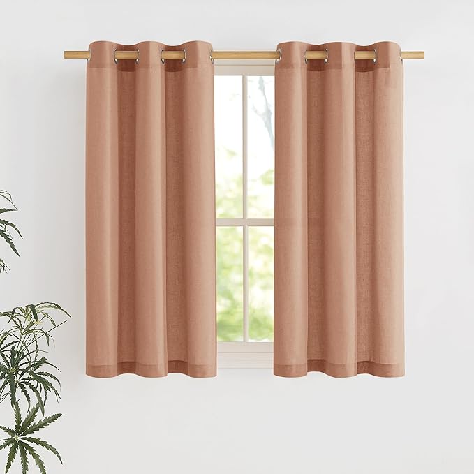 NICETOWN Terracotta Short Linen Curtains for Kitchen, Thick Flax Small Window Treatments Semi Sheer Privacy Assured with Light Through for Cafe/Bathroom, W42 x L48, 2 Panels