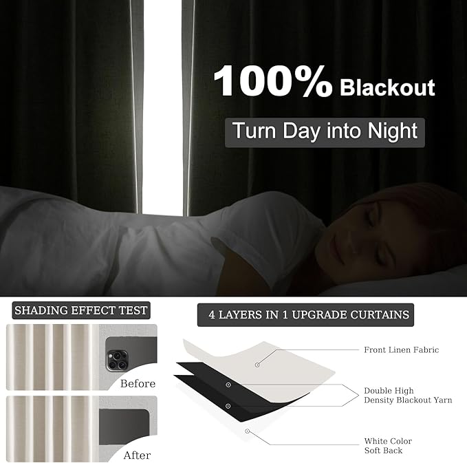60 Inches Extra Wide Natural Linen Blackout Curtains 84 Inch Length for Living Room Natural Birch Farmhouse Bedroom Thermal Drapes for Winter Thick Window Energy Efficient 60"W x 84"L 2 Panels