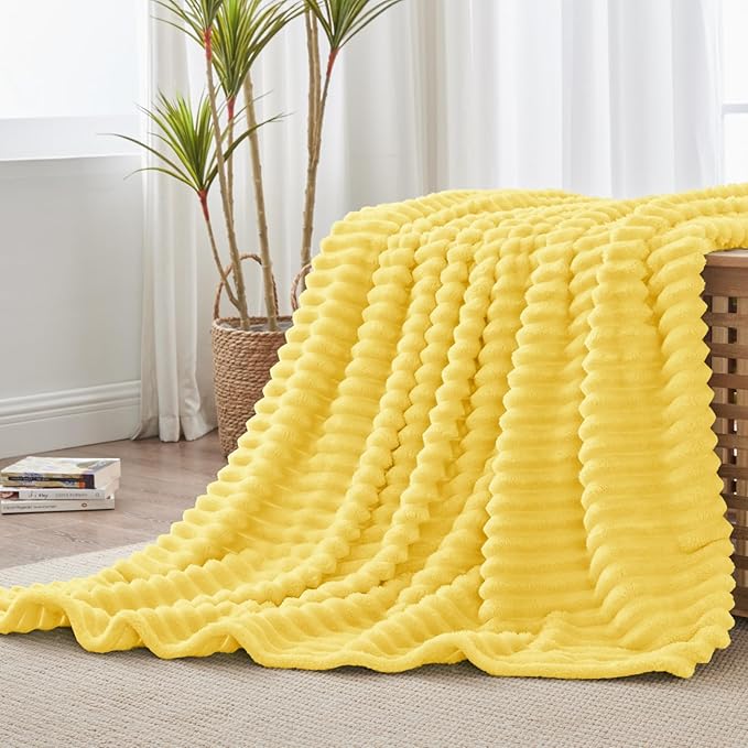 BEDELITE Fleece Throw Blanket for Couch - 300GSM Soft & Warm Fluffy Custard Yellow Blanket, Decorative and Giftable Striped Blankets for Women, Men, 50"x60"