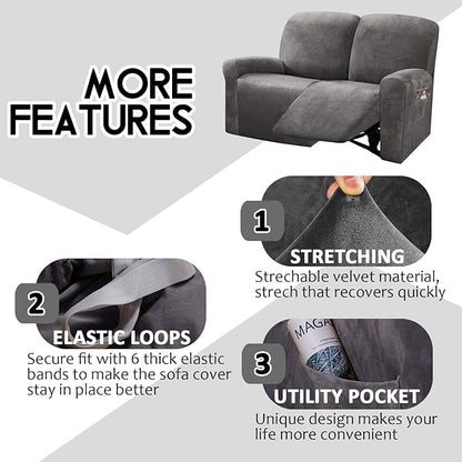 ULTICOR Reclining Love Seat Slipcover, 48" - 65" L, 6-Piece Velvet Stretch Loveseat Reclining Sofa Covers, 2 seat Love seat Recliner Cover, Thick, Soft, Washable (Dark Grey)