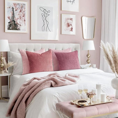 Topfinel Pink Throw Pillow Covers 16x16 Inch Set of 4,Soft Farmhouse Corduroy Decorative Cushion Cover,Square Cute Pillow Case for Gril's Bedroom Couch Sofa Living Room,Spring Series Home Decor