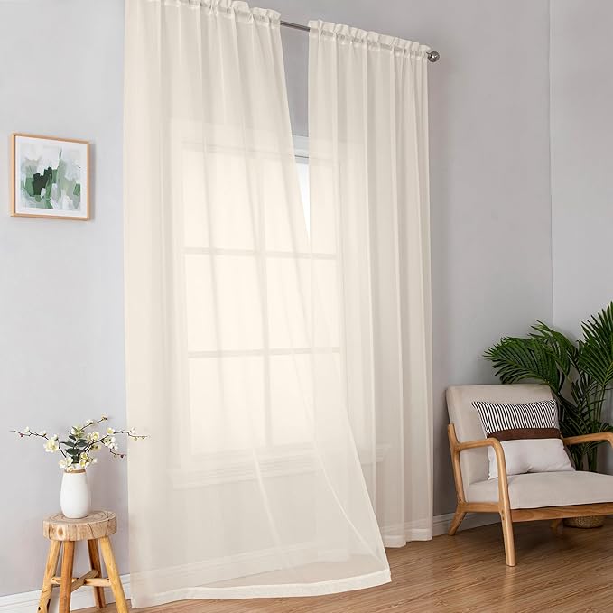 OWENIE Cream Sheer Curtains 84 inches Long 2 Panels Set for Bedroom Living Room, Soft Solid Living Room Sheer Curtain, Rod Pocket Light Filtering Curtains, 2 Pcs Each 42“ W x 84" L,Cream