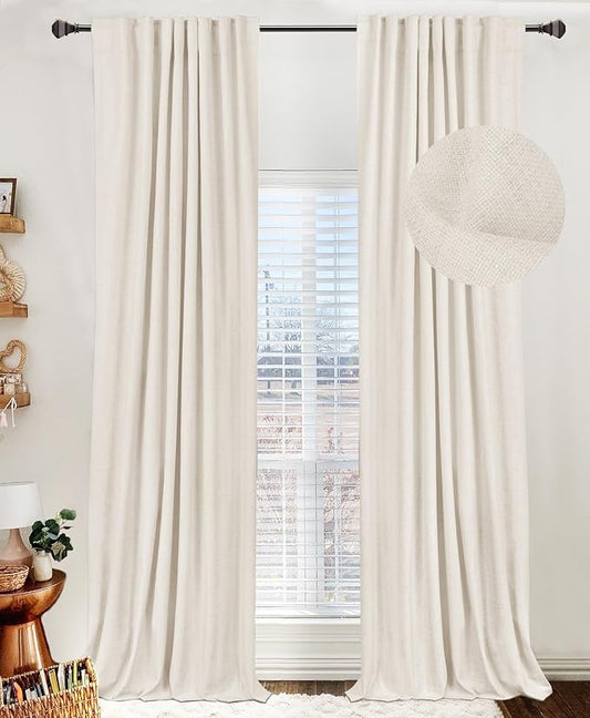 100% Blackout Shield Linen Blackout Curtains for Bedroom 90 Inches Long, Back Tab/Rod Pocket Living Room Drapes, Thermal Insulated Blackout Curtains 2 Panels Set, 50" W x 90" L, Beige White
