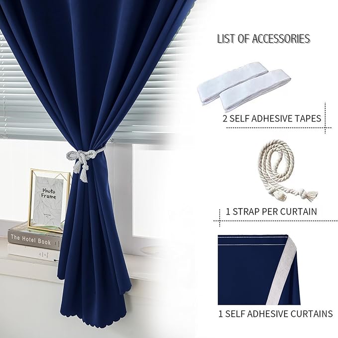 Self Adhesive Portable Blackout Curtains for Bedroom Easy to Install Window Thermal Lnsulated Kitchen Room Darkening Small Window Curtains, 59" W X 96" L, Navy Blue, 1 Panel