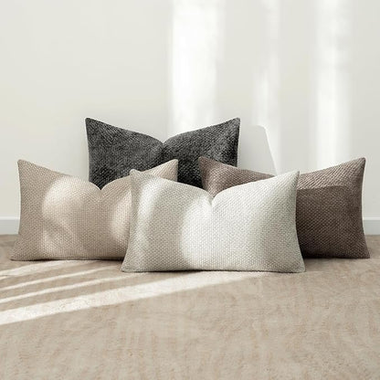 MIULEE Pack of 4 Couch Throw Pillow Covers 12x20 Inch Neutral Soft Decorative Chenille Pillow Covers Farmhouse Boho Accent Cushion Covers for Mid Century Modern Spring Decor Sofa Bedroom Living Room
