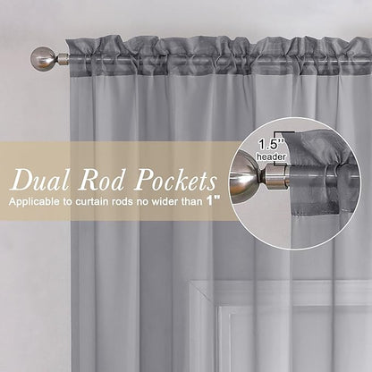Lecloud Charcoal Grey Sheer Curtains 54 Inch Length 2 Panels, Light Filtering Voile Drapes for Kitchen Bedroom, Farmhouse Rod Pocket Living Room Short Curtains, 40 W x 54 L Inches