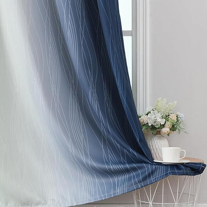 Estelar Textiler Navy Blue and Sage Green Ombre Blackout Curtains for Bedroom, Thermal Insulated Full Room Darkening Grommet Gradient Drapes for Living Room, 42Wx84L, 2 Panels