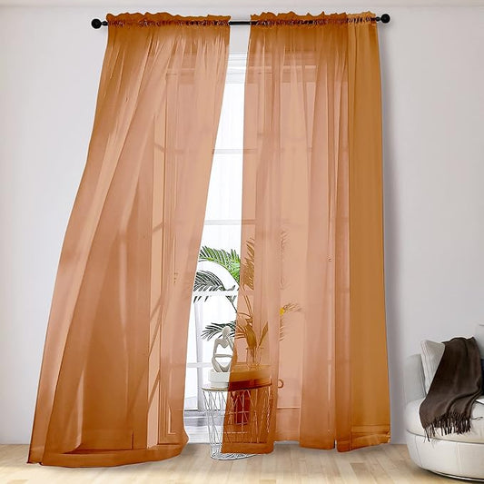 OVZME 2 Panels Solid Color Orange Sheer Curtains 96 Inches Long, Elegant Window Voile Panels/Draperies/Treatment for Living Room & Sliding Glass Door, 2 Panels = 84" W, Each 42" Wx96 L