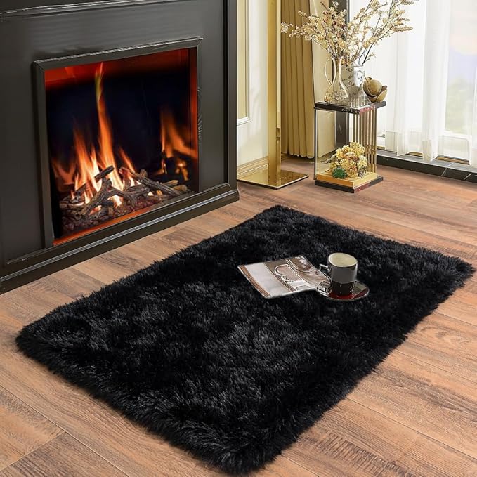 Soft Runner Rugs for Bedroom Hallways, 2x3 Black Fluffy Shag Throw Area Rug Non Slip for Bedside Dorm, Long Shaggy Furry Carpet for Nursery Living Room