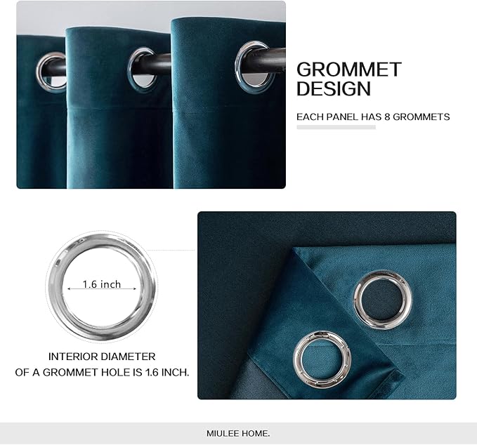 MIULEE Blue Velvet Curtains 72 Inches Length Blackout Curtains Thermal Insulated Soundproof Room Darkening Grommet Curtains/Drapes for Living Room Bedroom 52 x 72 Inch 2 Pcs Peacock Blue
