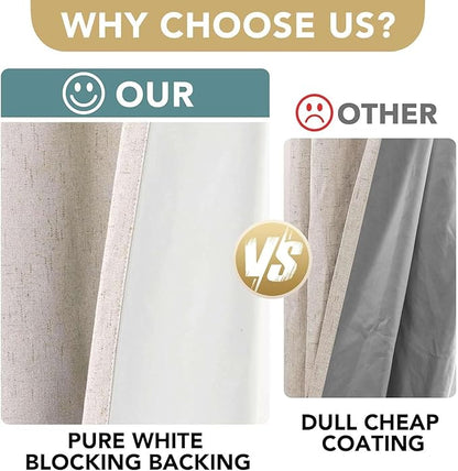 H.VERSAILTEX Linen Curtains 100% Blackout Curtains for Bedroom 102 inch Long Full Light Blocking Nature Linen Blended Window Curtains for Living Room Nickel Grommet (2 Panels, Natural)