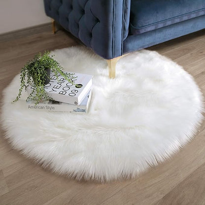 Ashler Faux Fur Rug - Fluffy Shaggy Area Rug, Ultra Soft 3 x 3 Feet Round, White Fuzzy Machine Washable Shag, Nursery Decor Throw for Bedroom, Kids Room, Living Room