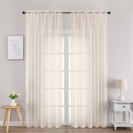 Chyhomenyc Cream Sheer Curtains 90 Inches Long 2 Panels, Light Filtering Cream Curtains for Living Room, Soft Gentle Voile Rod Pocket Bedroom Window Drapes, 59Wx90L Inch, 2PCS