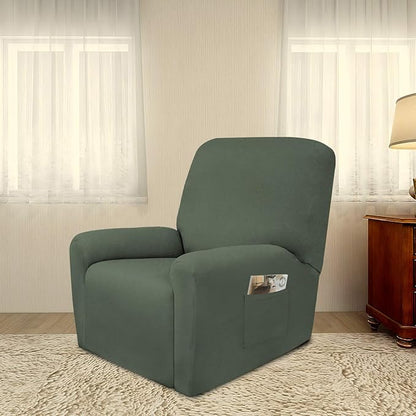 PureFit Super Stretch Chair Sofa Slipcover with Pocket – Spandex Non Slip Soft Couch Sofa Cover, Washable Furniture Protector with Elastic Bottom for Kids, Pets （Recliner, Grayish Green）
