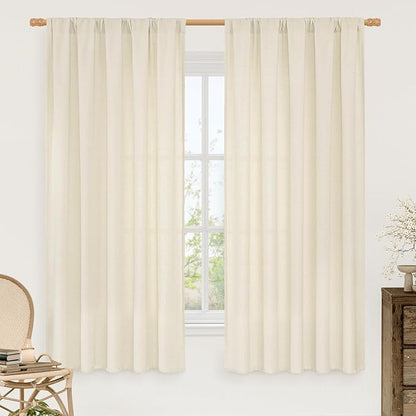 LAMIT Light Beige Linen Textured Curtains 63 inch Length for Bedroom, Soft Semi Sheer Light Filtering Window Treatments Rod Pocket Drapes for Living Room/Small Window, 2 Panels Set, 52 x 63 Inch