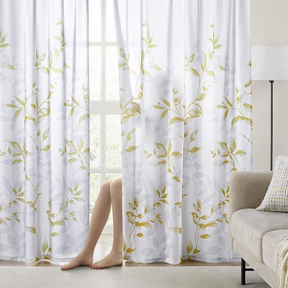 HOMEIDEAS Non-See-Through Gold and White Privacy Sheer Curtains 52 X 84 Inch Length 2 Panels, Leaf Floral Printed Light Filtering Semi Sheer Window Curtains Drapes for Bedroom Living Room