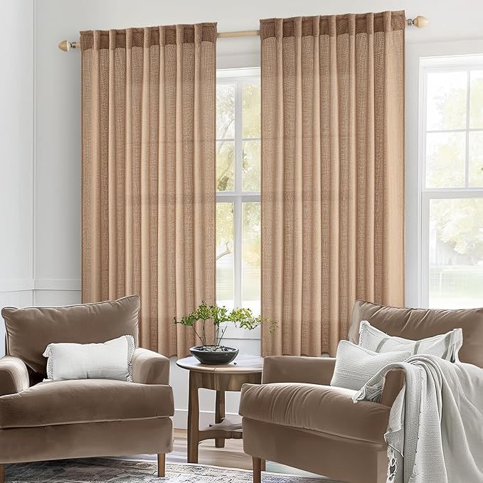 MIULEE Light Brown Linen Curtains 63 Inch Length 2 Panels for Bedroom Living Room, Soft Thick Linen Textured Kitchen Window Drapes Semi Sheer Light Filtering Back Tab Rod Pocket Burlap Look Decor