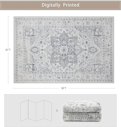Srugn Area Rug 6x9 Washable Area Rugs for Living Room- Ultra Soft Non-Shedding Faux Wool Bedroom Rug Large Grey Vintage Print Rugs with Non Slip Rubber- Indoor Retro Foldable Carpet for Dining Room