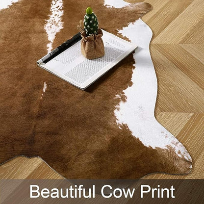 AROGAN Premium Faux Cowhide Rug 6.2 x 5.2 Feet, Sturdy and Large Size Cow Print Rugs, Suitable for Bedroom Living Room Western Decor, Faux Fur Animal Cow Hide Carpet, Brown
