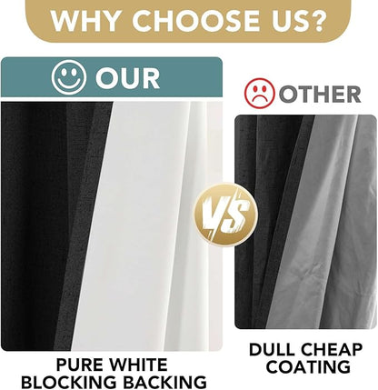 H.VERSAILTEX Linen Blackout Curtains 63 Inches Long 100% Blackout Thermal Insulated Textured Linen Look Curtain Draperies Anti-Rust Grommet, Energy Saving with White Liner, 2 Panels, Black