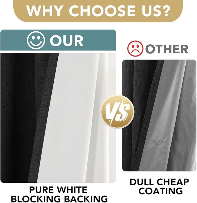 H.VERSAILTEX Bedroom Curtains Blackout Linen Blackout Curtains 84 Inches Long, 100% Blackout Thermal Textured Linen Look Curtain Draperies Grommet with White Liner, 2 Panels, Black