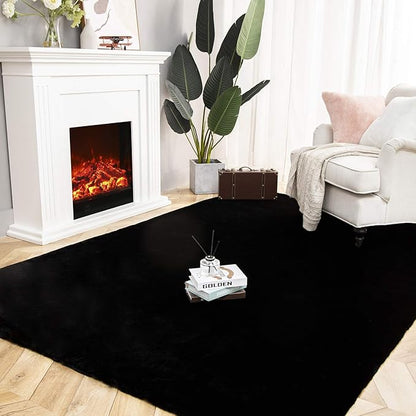 Ashler Faux Fur Rug, Ultra Soft Faux Rabbit Fur, Black Area Rugs, 6 x 9 Feet Rectangle, Machine Washable Nursery Decor Throw Rugs for Bedroom, Kids Room, Living Room