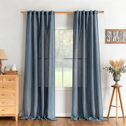 MYSKY HOME 96 Inches Semi Sheer Sliding Door Curtains Farmhouse Light Filtering Window Curtain Drapes for Patio Living Room, Extra Long Blue Linen Curtains Bohemian, 50x96, Dusty Blue, 2 Panels