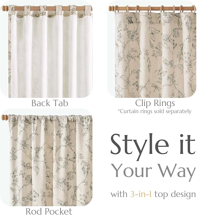 jinchan Floral Curtains Lined Linen Blend Curtain for Living Room 63 Inch Length Grey Farmhouse Curtains French Country Flower Gray Patterned Curtain Drapes Back Tab Rod Pocket 2 Panels