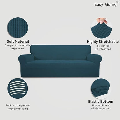Easy-Going Stretch 4 Seater Sofa Slipcover 1-Piece Sofa Cover Furniture Protector Couch Soft with Elastic Bottom for Kids, Polyester Spandex Jacquard Fabric Small Checks Deep Teal