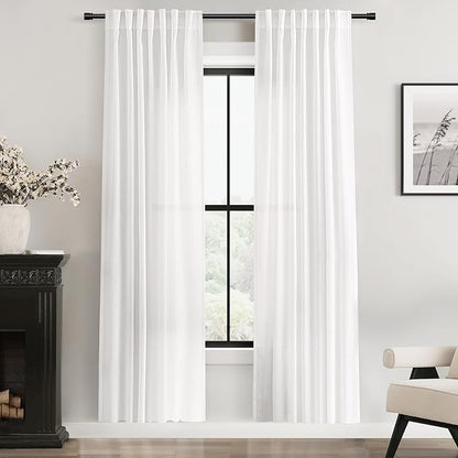White Linen Curtains 72 inch Long 2 Panel Set for Living Room Back Tab Semi Sheer Light Filtering Bedroom Window Curtain 72 inch Length Cotton Textured Modern Elegant Coastal Drapes 42x72