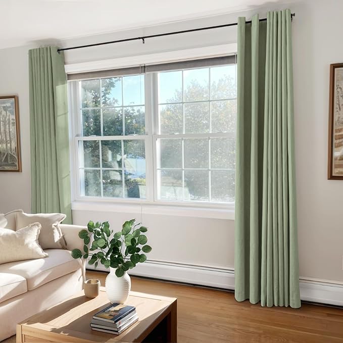100% Blackout Shield Linen Blackout Curtains for Bedroom, Sage Green Grommet Curtains for Living Room, Thermal Insulated Room Darkening Drapes for Nursery, Boho Home Decor, 50" W x 96" L, 2 Panels