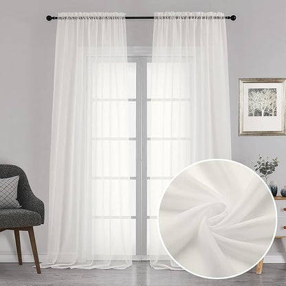 Chyhomenyc Sheer Curtains 120 Inch Extra Long, 2 Pieces, Rod Pocket Top Soft Voile Texture Window Draperies Lightweight & Airy Panels for Living Room/Bedroom, Each 42W x 120L inches, Ivory