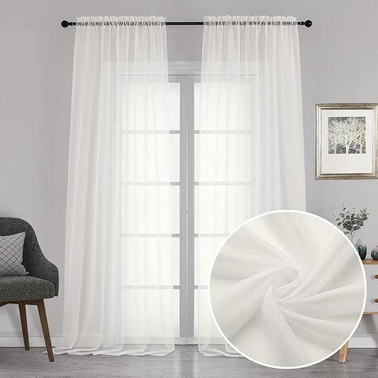 Chyhomenyc Sheer Curtains 120 Inch Extra Long, 2 Pieces, Rod Pocket Top Soft Voile Texture Window Draperies Lightweight & Airy Panels for Living Room/Bedroom, Each 42W x 120L inches, Ivory