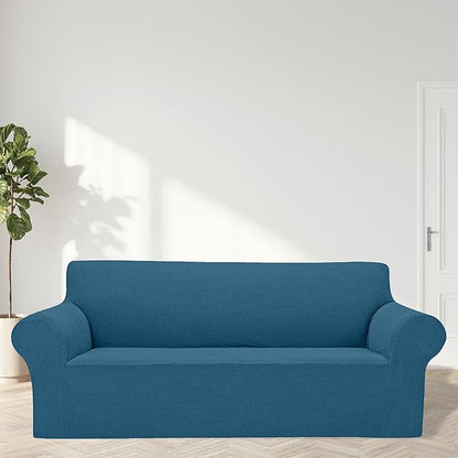 Cupuamon 2026 New Stretch Sofa Slipcovers Couch Cover for 3 Cushion Furniture Protector Sofa Covers with Elastic Bottom Jacquard Fabric Small Checks for Pets, Kids -Sofa, Peacock Blue