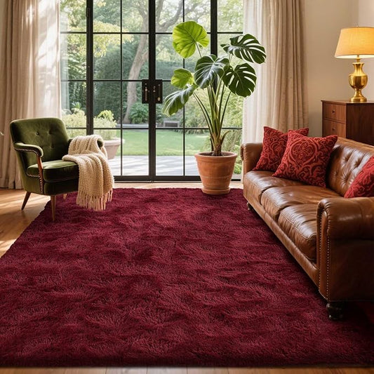 Area Rugs for Living Room, 5x7 Feet Soft Fluffy Shagg Plush Rug High Pile Large Indoor Modern Non-Slip Floor Carpet for Bedroom Nursery Girls Kids Home Room Dorm Decor Aesthetic Burgundy