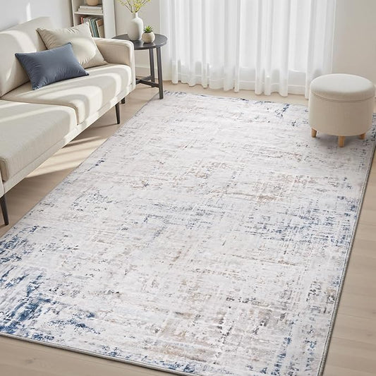 4 x 6 Area Rugs for Living Room, Machine Washable Non Slip Rug Ultra Soft Low Pile Indoor Carpet Modern Abstract Rugs for Bedroom Office Room Dining Room Beside, Blue/Grey