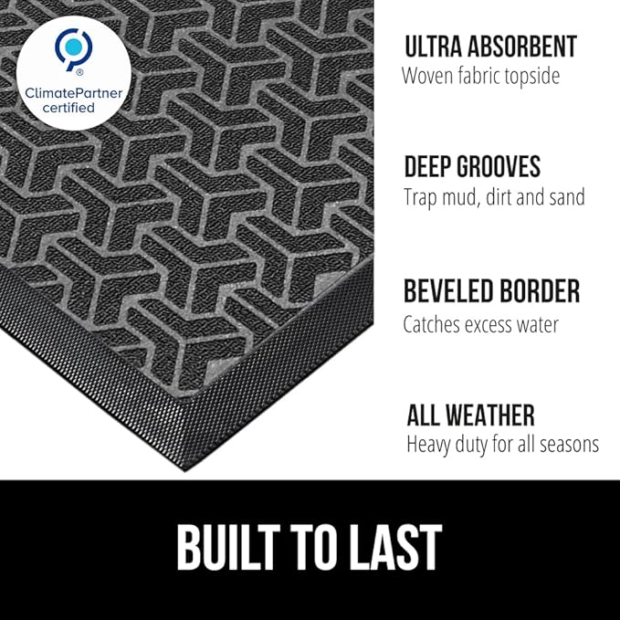 GORILLA GRIP 100% Waterproof All-Season WeatherMAX Doormat, 47x35, US Designed Natural Rubber, Stain and Fade Resistant, Low Profile Indoor Outdoor Door Mats, Easy Clean Patio Mat, Slate Geometric