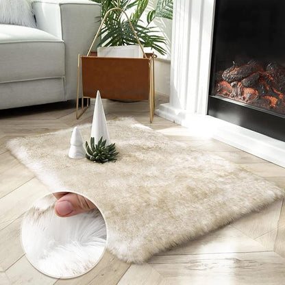 Ashler HOME DECO Soft Fox Faux Fur Chair Couch Cover Area Rug for Bedroom Floor Sofa Living Room White Brown Rectangle 2 x 3 Feet