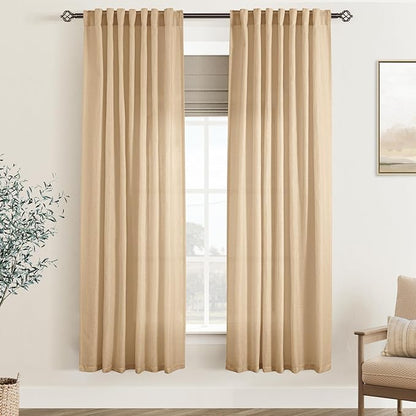Tan Linen Curtains 72 inches Long for Living Room Back Tab Rustic Farmhouse Semi Sheer Light Filtering Window Curtain Dining Room Soft Thick Flax Linen Textured Drapes Kahki 52x72