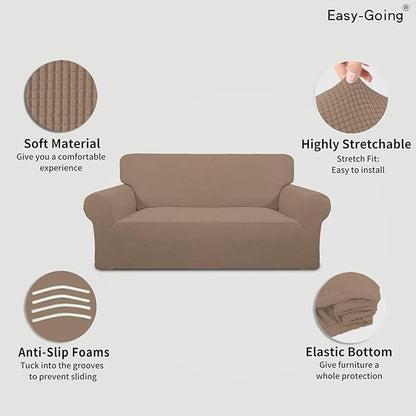 Easy-Going Stretch Loveseat Slipcover 1-Piece Sofa Cover Furniture Protector Couch Soft with Elastic Bottom for Kids Polyester Spandex Jacquard Fabric Small Checks (Loveseat, Camel)